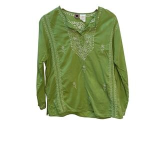 Forbidden Womens Lime Green Embroidered Sequin Cotton Tunic Blouse Top Medium